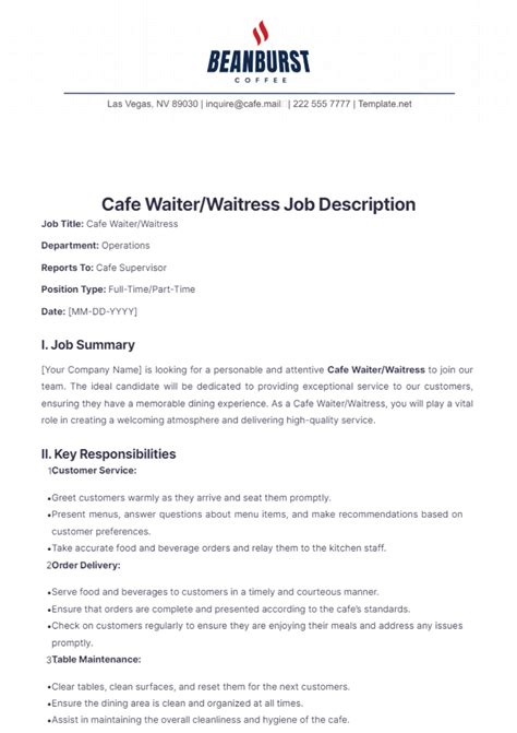 Free Cafe Waiter/Waitress Job Description Template to Edit Online