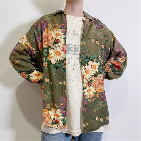 Khaki flower printed rayon shirt | LEMON