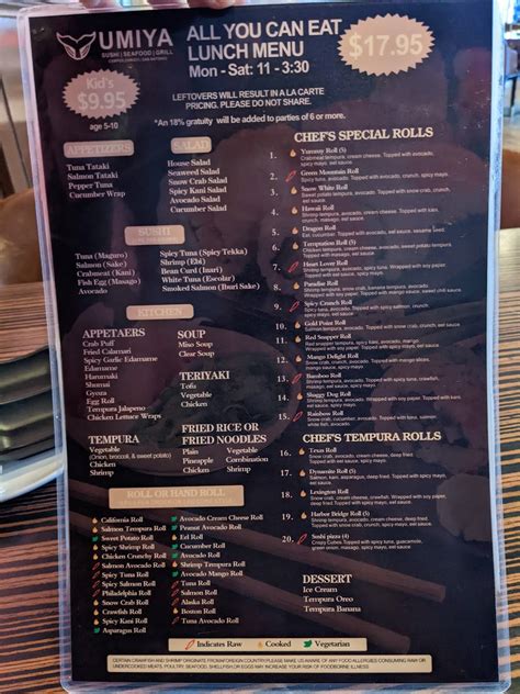 Menu at Umiya Sushi restaurant, Corpus Christi