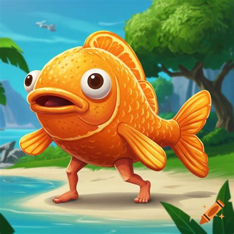Cartoon orange fish with human feet walking on a sandy beach. on Craiyon