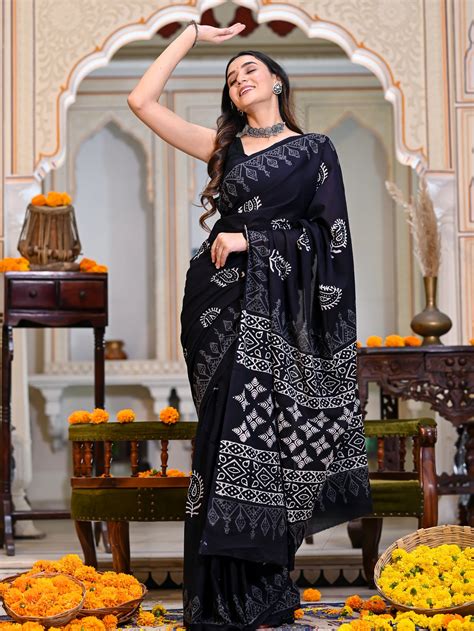 Black Kairi Hand Block Pure Cotton Saree – Jaipur Tex