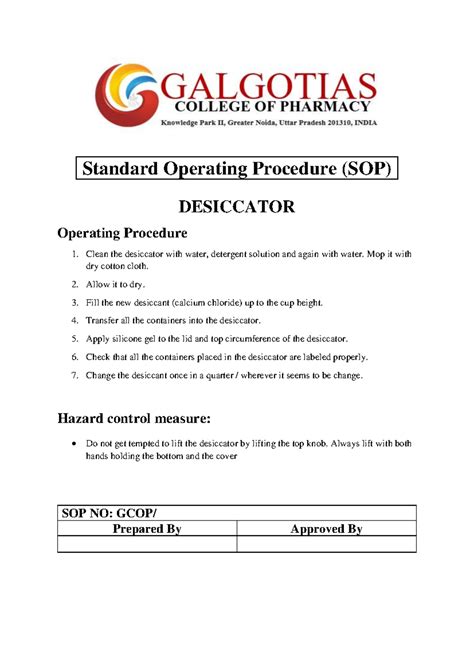 SOP GCOP/09: Desiccator Equipment Operating Procedures and Guidelines ...