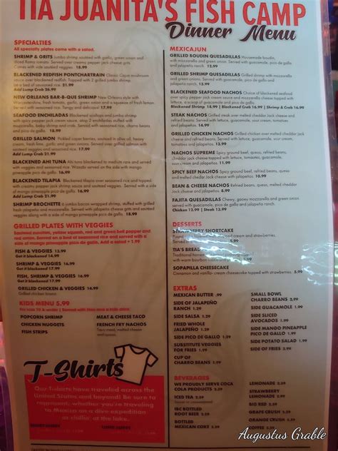 Menu at Tia Juanita's Fish Camp restaurant, Lumberton