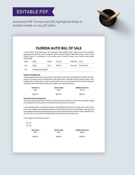 Florida Vehicle Bill Of Sale Printable