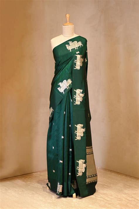 Bottle Green Banarasi Silk Saree with Tanchoi And Zari Cow Motifs ...