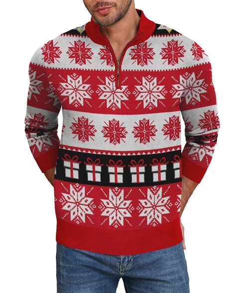 Iceglad Mens Ugly Christmas Sweater Quarter Zip Sweaters Reindeer ...