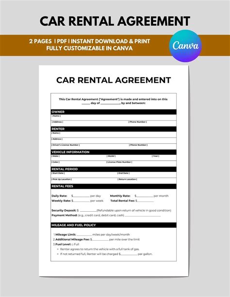 Car Rental Agreement Form, Vehicle Lease Contract, Car Lease Agreement ...