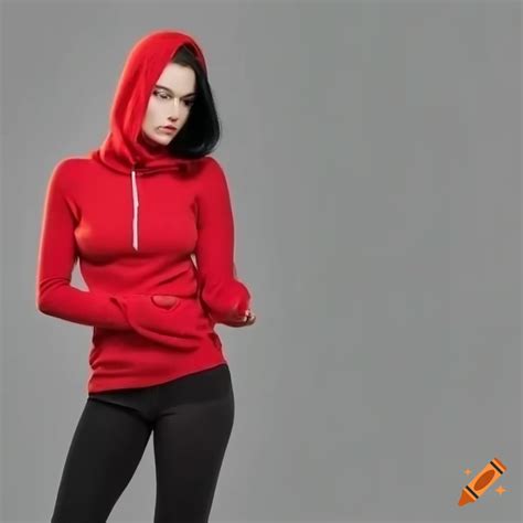 Young woman in red tight hoody and black jeans, with red shoes, black ...