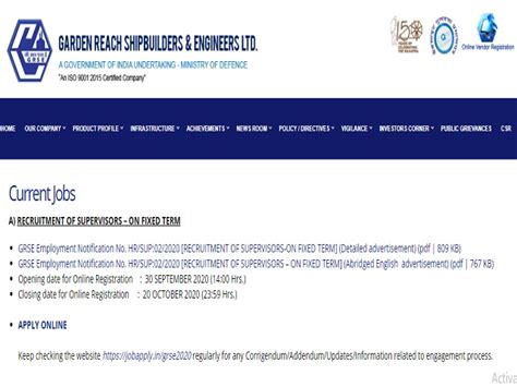GRSE Recruitment 2020: Apply Online for 36 Supervisor and Design ...