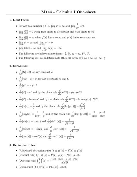 Image result for Calculus 1 Formula Sheet