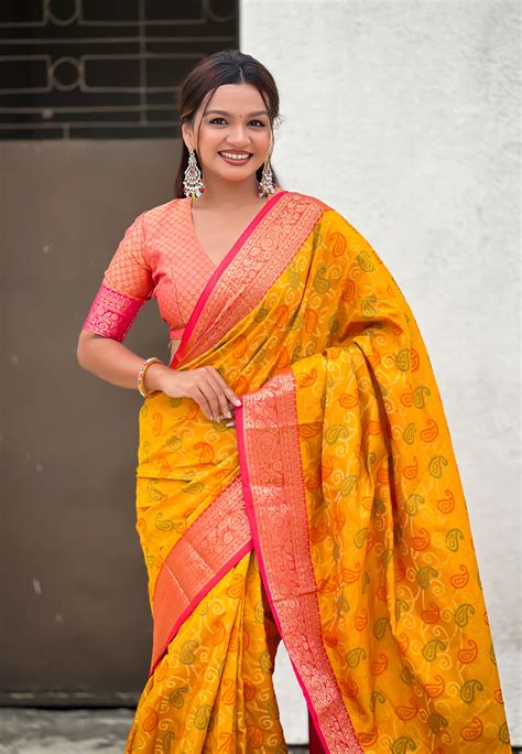 Mustard Soft Silk Zari Woven Bandhani Patola Saree with Contrast Weave ...