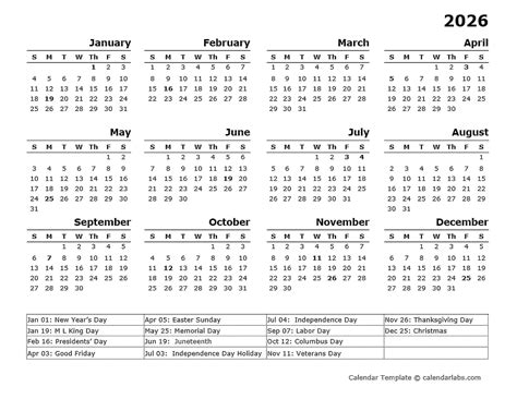 2026 Yearly Calendar Template With US Holidays - Free Printable Templates