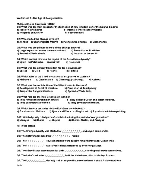 Worksheet 3: The Age of Reorganisation MCQs and Fill-in-the-Blanks ...