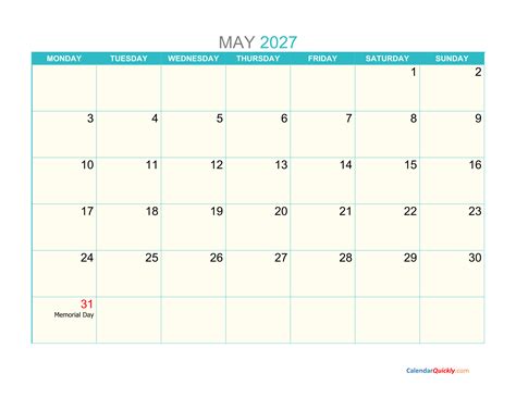 May Monday 2027 Calendar Printable | Calendar Quickly