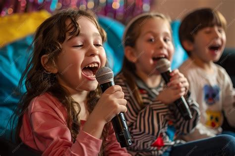 Premium Photo | Portrait of Kids Sleepover Happiness with Karaoke Jam