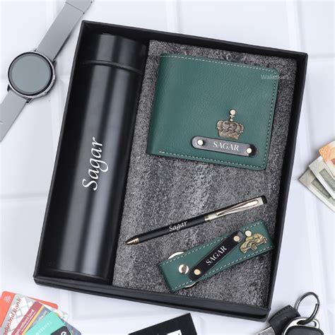 Personalized Leather Name Men's Wallet Pen Keychain And Temperature Bo ...