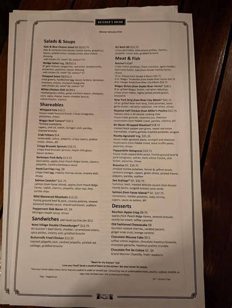 Menu at Butcher's Union pub & bar, Grand Rapids, 438 Bridge St NW