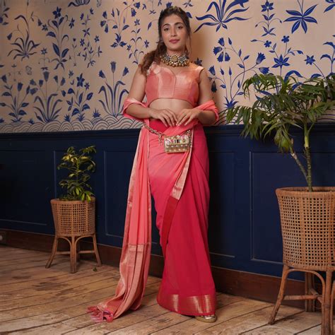 Avantika in Fusion Peach-Red Feather Soft Saree – House of Vardha