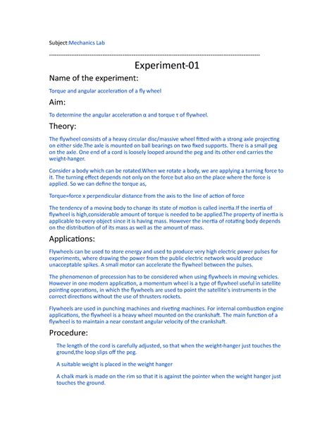 Experiment-Torque and angular acceleration of a fly wheel - Subject ...