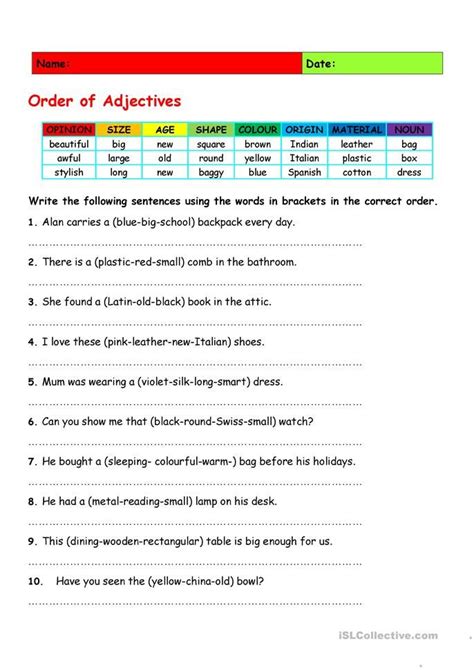 Image result for Printable Adjective Order Worksheet