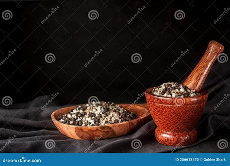 Sea Salt and Ground Black Pepper in Mortar Pestle Stock Photo - Image ...
