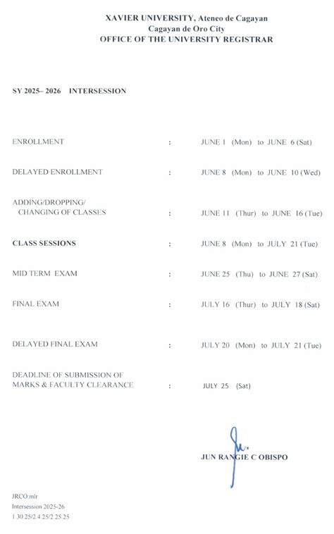 Xavier University - Higher Education School Calendar