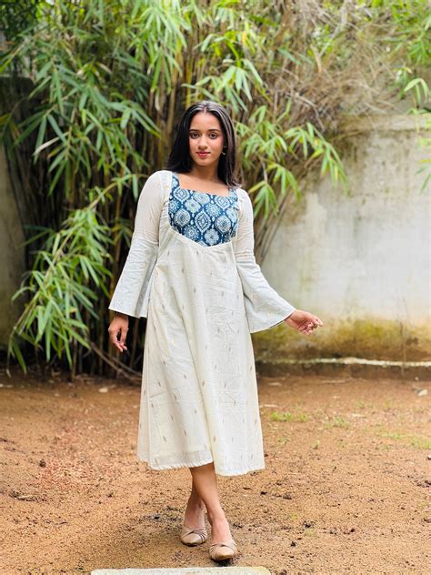 Off White Golden and Silver Butta with Ajrakh Patch Aline Kurta/Dress ...