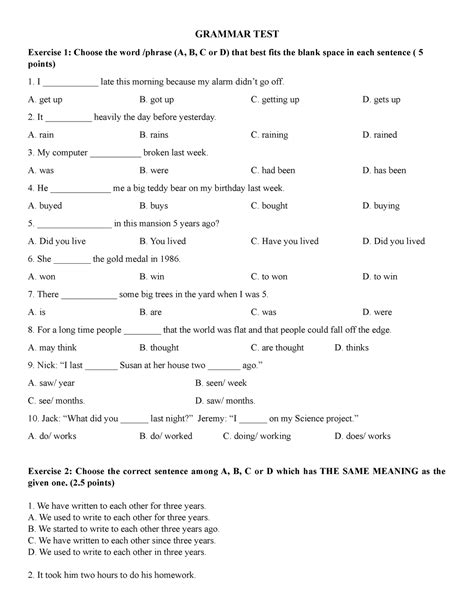 Grammar Test - KIỂM TRA - GRAMMAR TEST Exercise 1: Choose the word ...