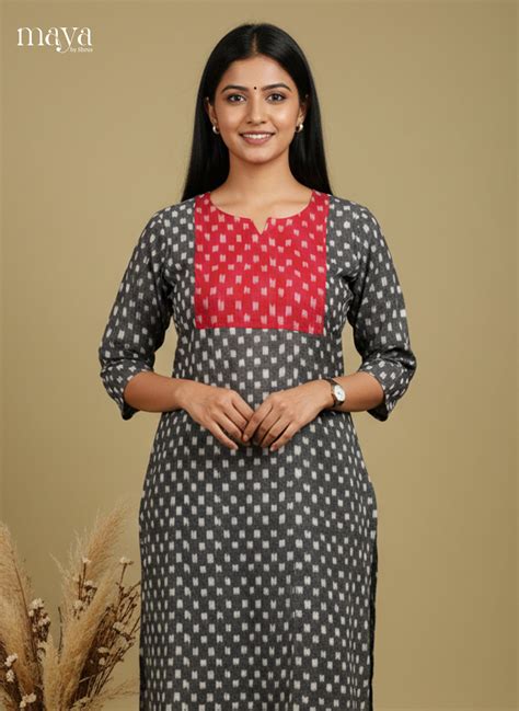 Elephant Grey & Red Ikkat cotton Readymade Kurti with neck yoke - MEC1 ...