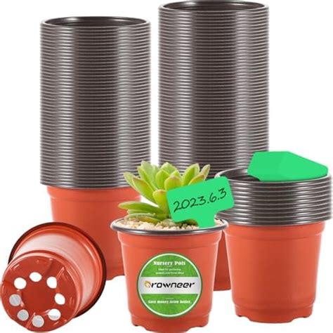 GROWNEER 120 Packs 4 Inches Plastic Plant Nursery Pots with 50 Pcs ...