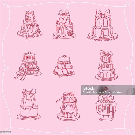 Set Of Birthday Or Wedding Cakes With Bows And Leaks Vector Hand Drawn Illustration In Coquette ...