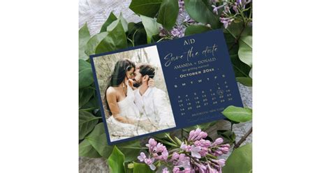 Navy Blue Gold Calendar Wedding Save the date Foil Invitation | Zazzle