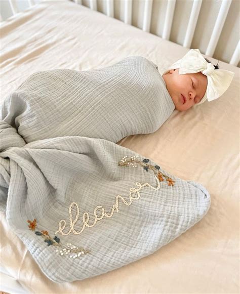Personalized Hand Embroidered Baby Swaddle Blanket With Name and Floral ...
