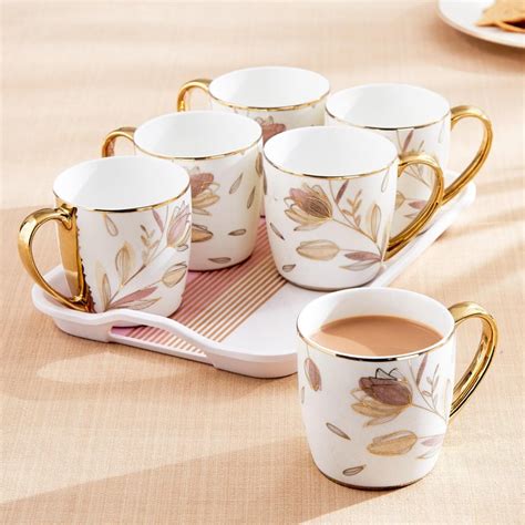 Buy Mandarin Iris 7Pcs Bone China Mugs with Melamine Tray - 240ml from ...