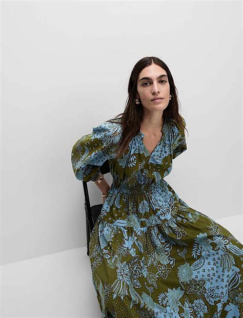 Buy Pure Cotton Printed V-Neck Midi Waisted Dress at Marks & Spencer