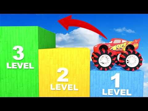 McQueen & Police Car Truck Try 3 Giant Obstacle Levels – Can They Make It?