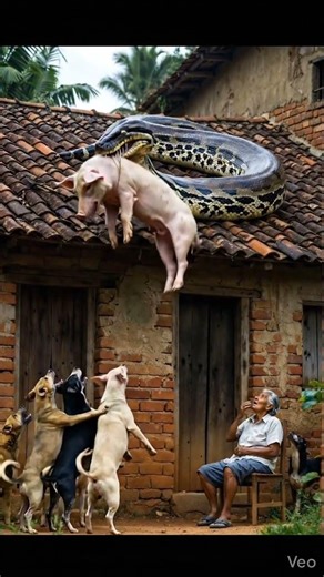 Giant Python Attack:Massive Snake vs. Farm Pig on Village Rooftop #shorts #ytshorts #viral #trending