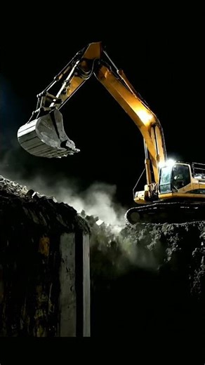 Night Shift Power! 🚧 Excavator Dominates Demolition Under Lights