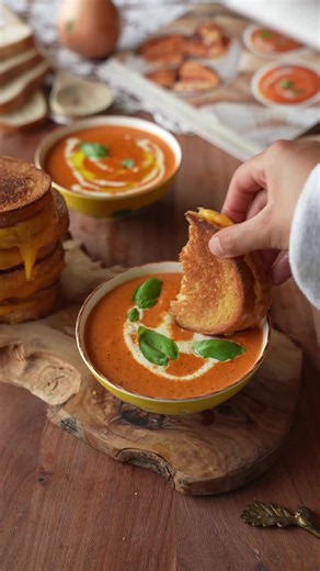 Creamy Tomato Soup with Cheddar Grilled Cheese Recipe