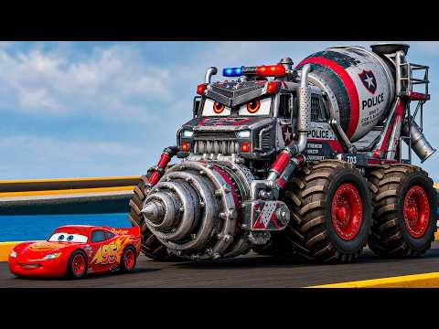 Epic Escape Lightning McQueen vs CONCETRATE MIXER POLICE DRILL CONSTRUCTION TRUCK in BeamNG.drive