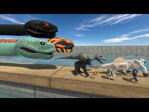 Dinosaurs and Mutant Primates Falling Into Giant Snake Tank Challenge|Animal Revolt Battle Simulator