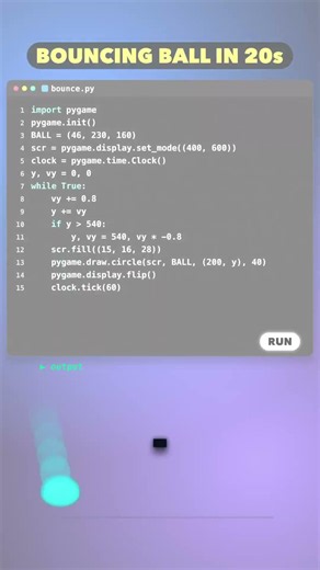 Bouncing ball in Python 🐍 (pygame in 20s)