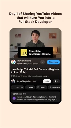 The Hidden Repo on Instagram: "Kicking off my 'For the Day Ones' series with a full JavaScript course! Learn JavaScript from Beginner to Pro with this gem by SuperSimpleDev. Your journey to becoming a full-stack developer starts here! Follow for more. #coding #tech #programming #programmer #webdevelopment #learntocode #developer #software #javascript #day1 #softwaredevelopment #fullstackdeveloper #webdeveloper"