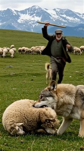 Brave shepherd fights wolf to save sheep #shepherd #wolf In a breathtaking mountain landscape, a timeless battle unfolds. This incredible footage captures a brave shepherd fearlessly running to save one of his sheep from a vicious wolf attack. With his loyal dog by his side, he doesn't hesitate to confront the powerful predator, protecting his flock with immense courage. This is a raw and intense look at the reality of a shepherd's life and the deep commitment they have to their animals. A true 