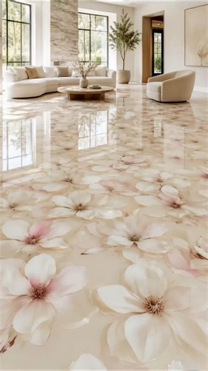 Magnolia Blossom Mirror Epoxy Floor | Luxury Living Room