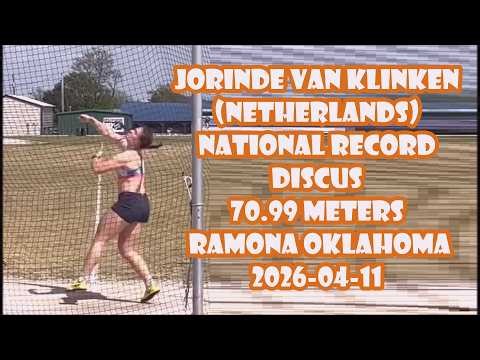 Jorinde van Klinken (Netherlands) discus 70.99 meters NATIONAL RECORD Ramona Oklahoma 2026-04-11.
