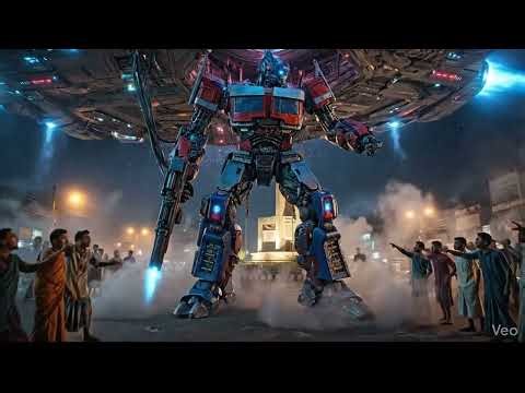 A giant robot descends from an alien ship, scanning the battlefield for hidden enemies.