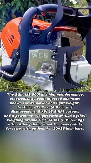 The Stihl MS 500i is a high-performance, electronically fuel-injected chainsaw known for its power and light weight, featuring 79.2 cc (4.8 cu. in.) displacement, 5 kW (6.8 HP) output, and a power-to-weight ratio of 1.24 kg/kW, weighing around 13.7-14 lbs (6.2-6.3 kg) without bar/chain, ideal for heavy-duty forestry with options for 20-36 inch bars. #fblifestyle #husqvarna #engine #chainsaw #stihl #motosierras #motorfúrész #kettensäge #tronçonneuse #chainsawman #stihlchainsaw #motosega #motosier