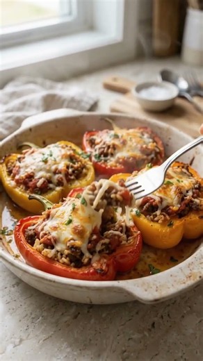 🫑🔥 **THESE STUFFED BELL PEPPERS ARE CHEESY COMFORT FOOD PERFECTION! 🧀** #foodie #comfortfood