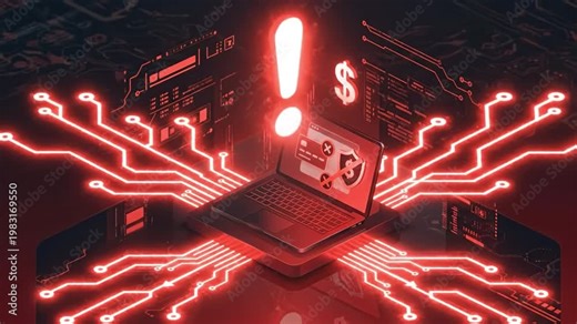 Computer security cyber attack warning sign laptop data breach malware threat network red light cybersecurity alert phishing attack online fraud